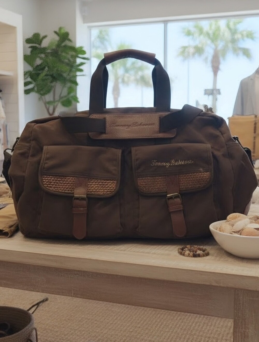 Tommy Bahama Brown Canvas Messenger Bag with Leather Trim